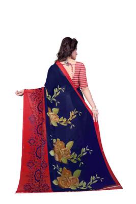 Blue printed georgette saree with blouse 3