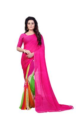 Pink printed georgette saree with blouse 1