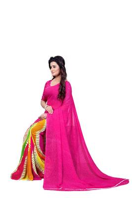 Pink printed georgette saree with blouse 4