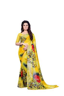 Yellow printed georgette saree with blouse 1