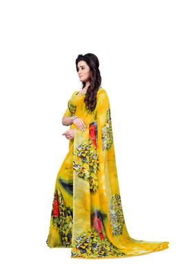 Yellow printed georgette saree with blouse 2