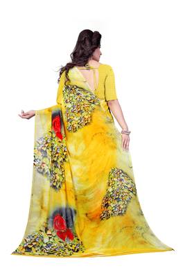Yellow printed georgette saree with blouse 3