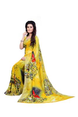 Yellow printed georgette saree with blouse 4