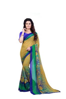Green printed georgette saree with blouse 1