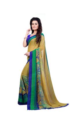 Green printed georgette saree with blouse 2