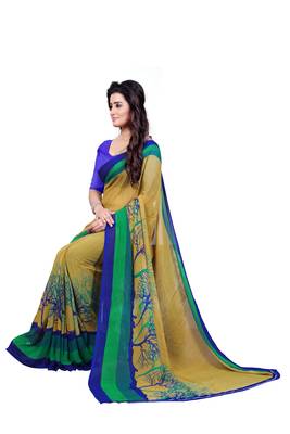 Green printed georgette saree with blouse 4