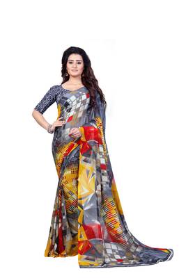 Grey printed georgette saree with blouse 1