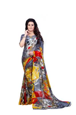 Grey printed georgette saree with blouse 2