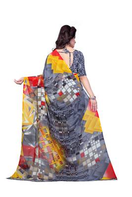 Grey printed georgette saree with blouse 4