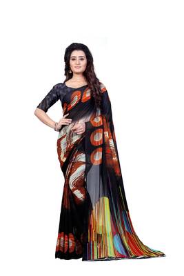 Black printed georgette saree with blouse 1