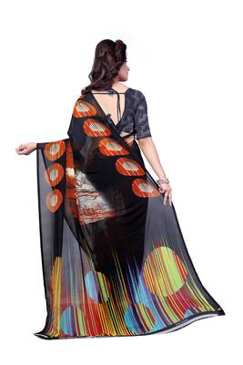 Black printed georgette saree with blouse 3