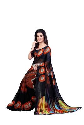 Black printed georgette saree with blouse 4