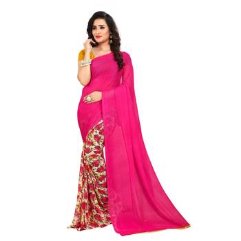 Pink printed georgette saree with blouse 1