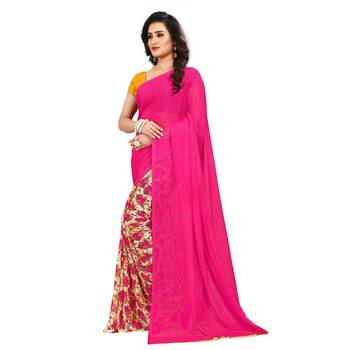 Pink printed georgette saree with blouse 2