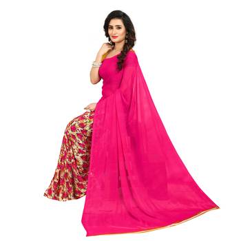 Pink printed georgette saree with blouse 4