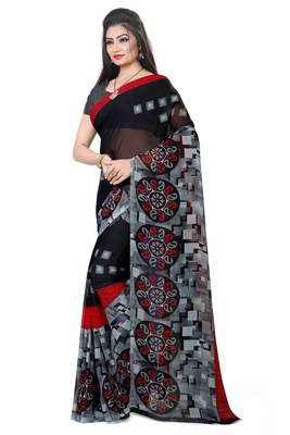 Black printed georgette saree with blouse 2
