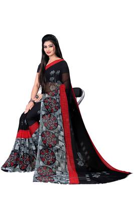 Black printed georgette saree with blouse 4