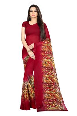 Red printed georgette saree with blouse 1