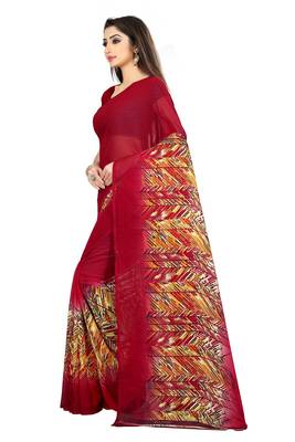 Red printed georgette saree with blouse 2