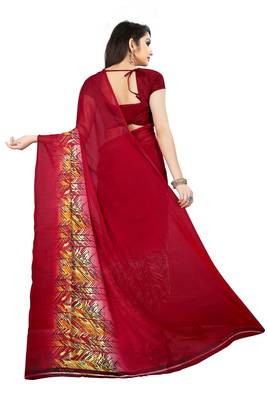 Red printed georgette saree with blouse 3