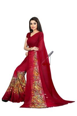 Red printed georgette saree with blouse 4
