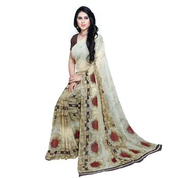 Cream printed georgette saree with blouse 4