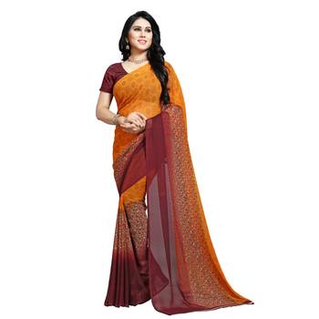 Yellow printed georgette saree with blouse 1