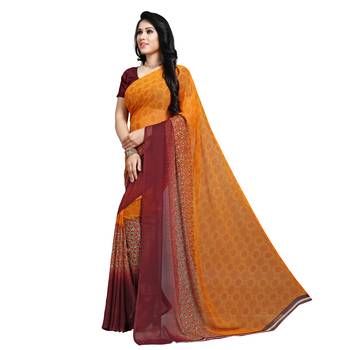 Yellow printed georgette saree with blouse 2