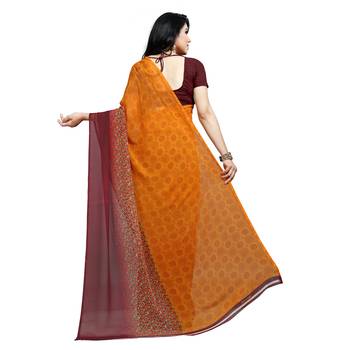 Yellow printed georgette saree with blouse 3