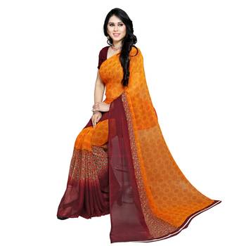 Yellow printed georgette saree with blouse 4