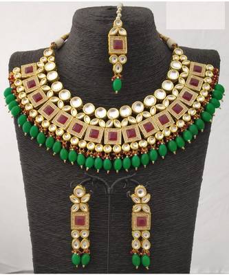 Gold Plated & Ruby Kundan Studded Green  Beaded Jewellery Set Bridal Jewellery Set 1