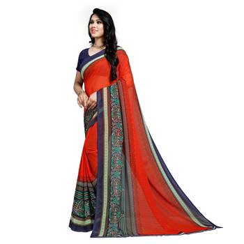 Orange printed georgette saree with blouse 2