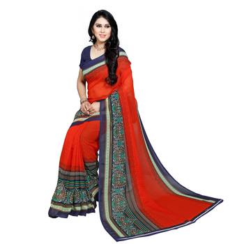 Orange printed georgette saree with blouse 4