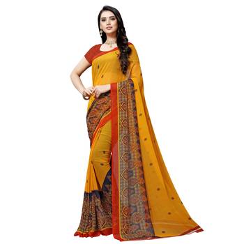 Yellow printed georgette saree with blouse 1