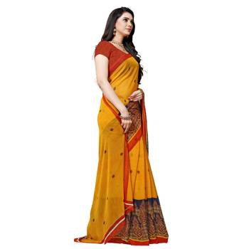 Yellow printed georgette saree with blouse 4