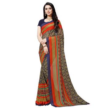 Blue printed georgette saree with blouse 1