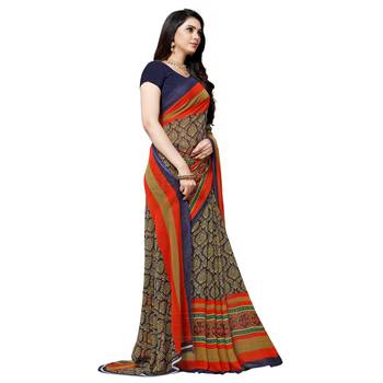 Blue printed georgette saree with blouse 4