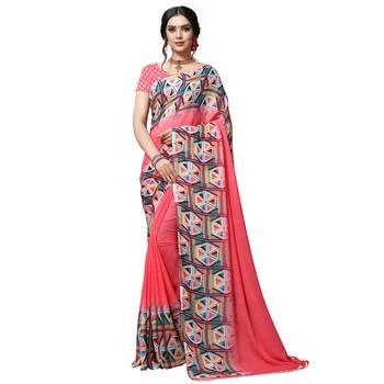 Pink printed georgette saree with blouse 1
