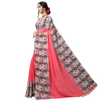 Pink printed georgette saree with blouse 2