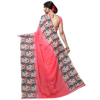 Pink printed georgette saree with blouse 3