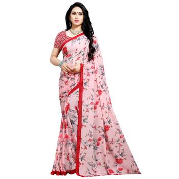 Pink printed georgette saree with blouse 1