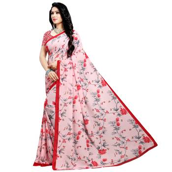 Pink printed georgette saree with blouse 2