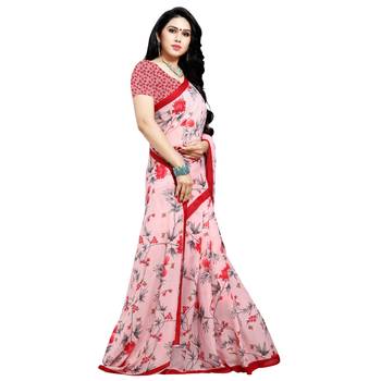 Pink printed georgette saree with blouse 4