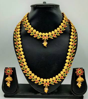 Gold Plated & Red And Green Stone Studed South Indian Traditional Necklace Jewellery Set Combo For Women 1