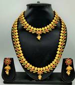Gold Plated & Red And Green Stone Studed South Indian Traditional Necklace Jewellery Set Combo For Women