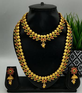 Gold Plated & Red And Green Stone Studed South Indian Traditional Necklace Jewellery Set Combo For Women 3