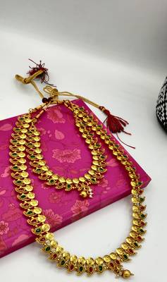 Gold Plated & Red And Green Stone Studed South Indian Traditional Necklace Jewellery Set Combo For Women 4