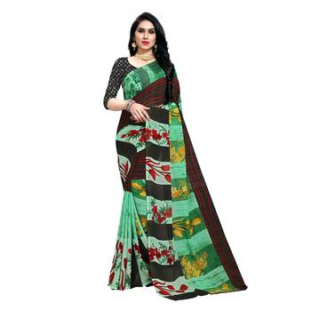 Green printed georgette saree with blouse 1