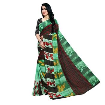 Green printed georgette saree with blouse 2