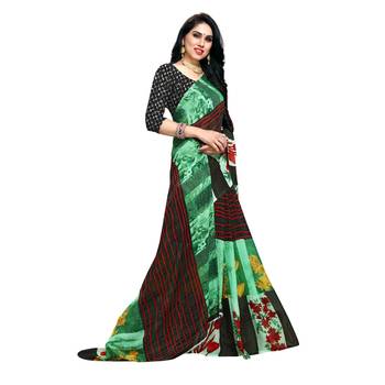 Green printed georgette saree with blouse 4